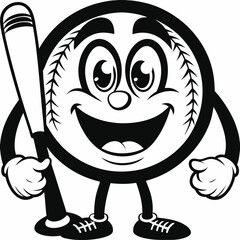 Smiling cartoon baseball character holding a bat, black and white vector illustration