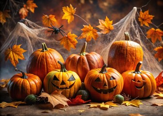 Vibrant orange pumpkins adorned with spider webs, bats, and ghosts, surrounded by autumn leaves and eerie shadows,