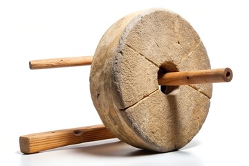 A close up of a prehistoric stone wheel with a wooden axle isolated on a white background, invention, historical object, wooden axle, historical,prehistoric, axle, neolithic, close-up