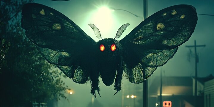 mothman cryptid with large wingspan and glowing eyes in the darkness, 