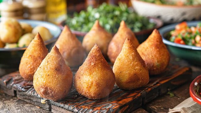 Coxinha on the table, traditional brazilian food moves with smoke around
