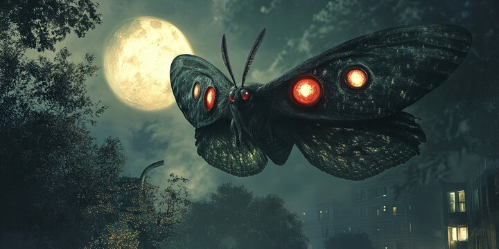mothman cryptid with large wingspan and glowing eyes in the darkness, 