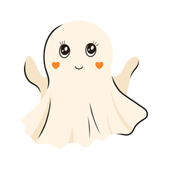 Cute Halloween ghost character sign. Vector illustration in flat and Doodle style for the october's holiday Halloween