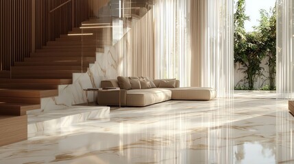 Luxurious living room featuring white marble floors, a beige sofa, and wooden stairs, illuminated by sunlight through sheer curtains - 3D rendering.