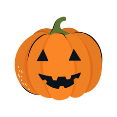 Cute Halloween orange pumpkin character sign. Vector illustration in flat and Doodle style for the october holiday Halloween