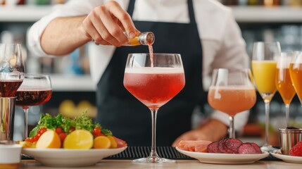 Skilled Bartender Mixing Cocktail with Modern Decor and Gourmet Menu in Background, Copy Space for Text