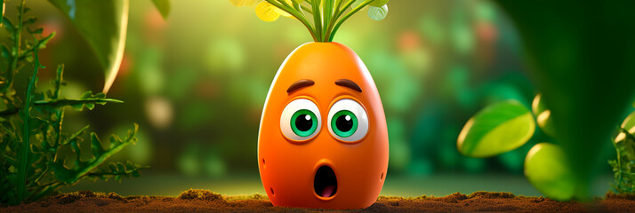Banner with surprised Carrot. Baby carrots in garden. Vegetable character for advertising children's and vegetarian food, menu, discounts and promotion. Healthy eating and Organic food.
