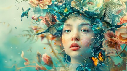 Dreamy Portrait of a Woman with Hummingbirds and Flowers