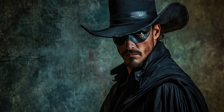 zorro - dashing man wearing black mask, hat, and outfit