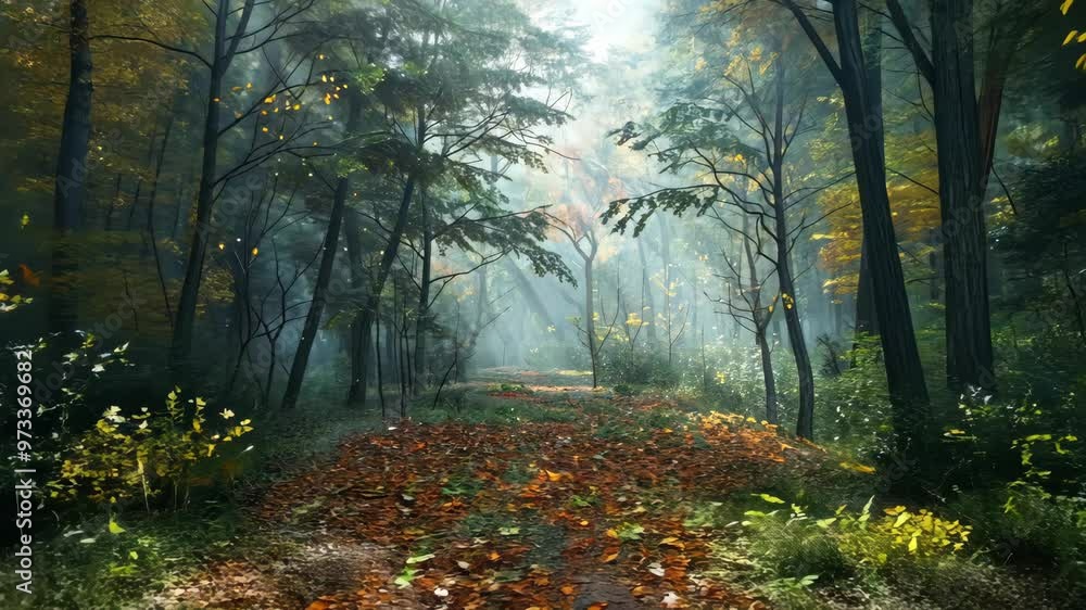 Poster exploring a serene forest pathway adorned with autumn leaves in a tranquil environment