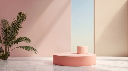 Minimalist podium for product presentations, set against a backdrop of geometric shapes and pastel...