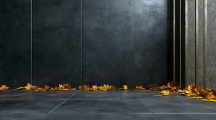 Empty wall and floor. Autumn season. Nature branches trees yellow, leaves falling, piles of foliage. Wall panels, strict texture, soft pastel colors. Light dark highlights shadows.
