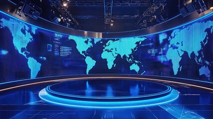 Modern 3D rendered news studio with a digital world map background, designed for sleek global news broadcasts.