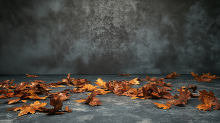 Empty floor and wall with concrete slabs and plaster texture. Autumn season. Nature branches trees yellow, leaves falling, piles of foliage. Aged material. Light, highlights and shadows.