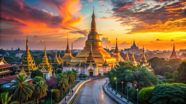 Vibrant sunset casts a warm glow on the majestic Shwedagon Pagoda, a golden stupa towering above the bustling streets of Naypyidaw, Myanmar's capital city.