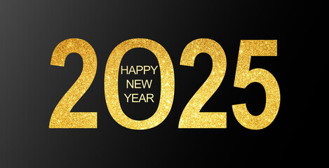 HAPPY NEW YEAR 2025 - Festive silvester New Year's Eve Sylvester Party background greeting card template banner panorama illustration - Year and text on dark black concrete chalkboard texture.