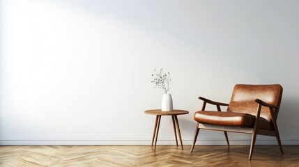 Modern mid-century and minimalist interior of a living room featuring a leather armchair with a table against a white wall and wood floor.