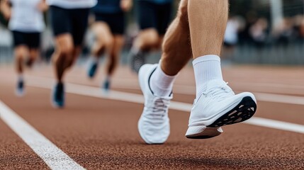 An athlete's feet push off a red track, racing forward in the morning light. The blurred background highlights focus on speed and the effort of outdoor running
