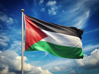 Vintage 1939 Palestine national flag waving in the wind, featuring three horizontal stripes of black, white, and green,