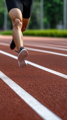 Obraz premium An athlete's feet push off a red track, racing forward in the morning light. The blurred background highlights focus on speed and the effort of outdoor running
