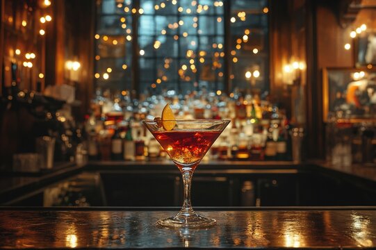 Manhattan cocktail in a dimly lit upscale New York bar
