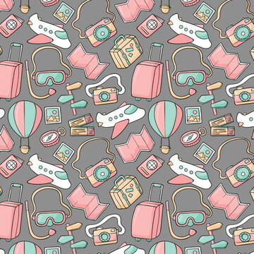 Cute seamless pattern of travel in doodle style. Suitcase, baggage, plane, fly, ticket, postcard, flight, boarding pass, clouds, view from the window, postage stamp, passport stamp, passport, route 