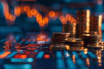 Stack coins with blurred financial charts background, investment, business, trading symbols.