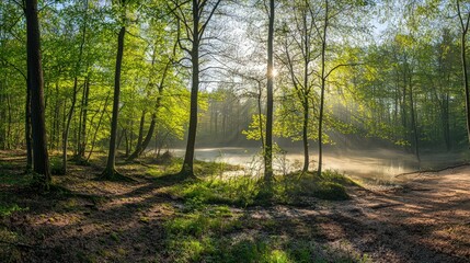 Obraz premium Panoramic view of a sunny natural oak and beech forest in spring, with the first green leaves and morning mist enhancing the serene landscape.