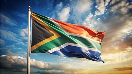 Vintage South African flag waving proudly in the wind, featuring a bold orange, white, and blue design, symbolizing national pride and heritage.