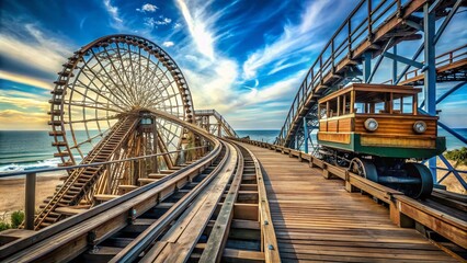 Obraz premium Vintage wooden roller coaster car climbs steep tracks against a blue sky with Ferris wheel and beach Ferris wheel in the background