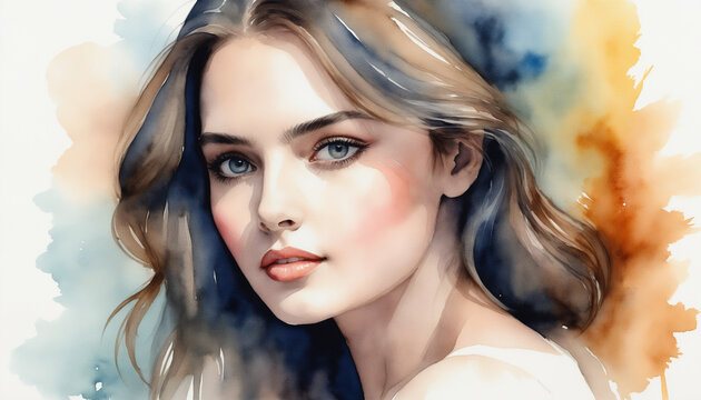 Portrait femme brune yeux bleus belle visage aquarelle pastel doux.