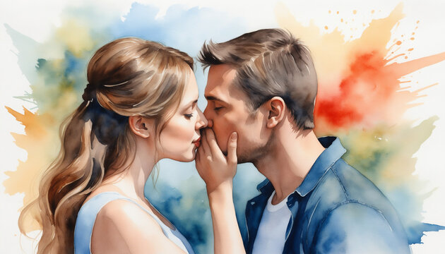 Couple aquarelle amoureux d&eacute;claration mariage baiser embrasser amour.