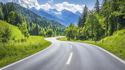 Naklejka premium Scenic asphalt road in the Austrian Alps on a summer day, capturing the natural beauty and serene environment.