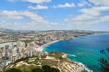 Idyllic Coastal Panorama Calpe Spain Azure Waters Sandy Beaches Iconic Rock Formation Local Flora...
