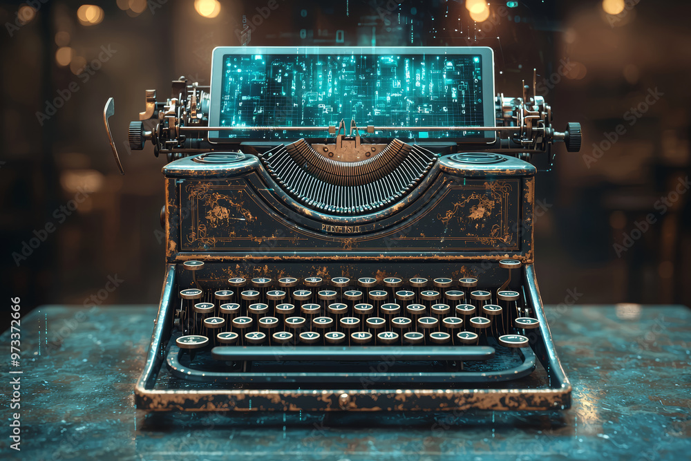 Poster a typewriter with a tablet resting on top, merging old-school writing with digital convenience. conc