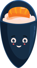 Happy cartoon sushi character smiling with a salmon and rice topping