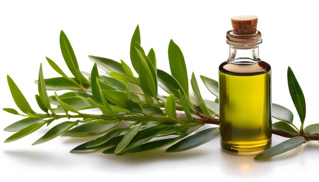 Fresh tea tree branch with essential oil bottle, isolated on a white background