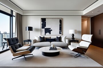 Fototapeta premium Stylish Minimalist Living Room Featuring Designer Chair and Modern Furniture in Luxury Apartment Decor