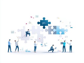 A team of professionals solving a complex puzzle together, symbolizing the collaborative effort in achieving business progress