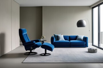 Spacious Modern Interior Design Featuring a Blue Recliner and Pale Grey Wall