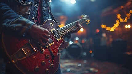 Obraz premium Close-up of a guitarist's hand playing a red electric guitar on stage with lights blurred in the background.