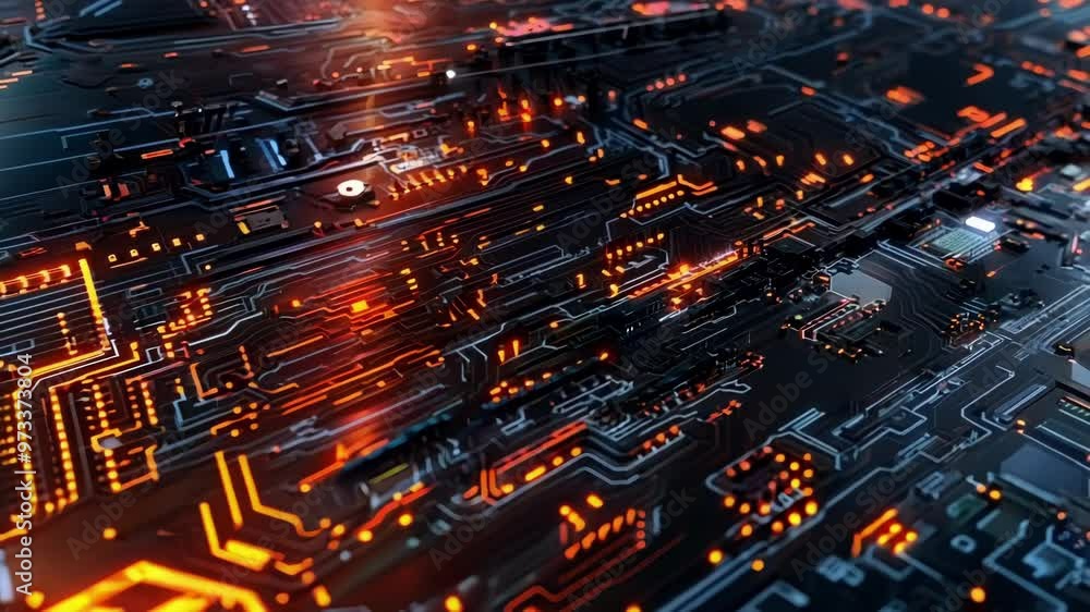 Poster this digital rendering shows a futuristic circuit board with orange lights pulsating, representing t
