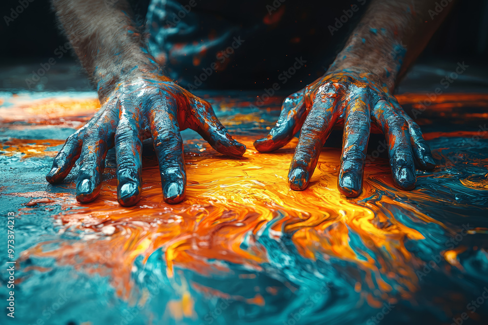 Poster a person painting with their fingers, creating art without boundaries. concept of uninhibited creati