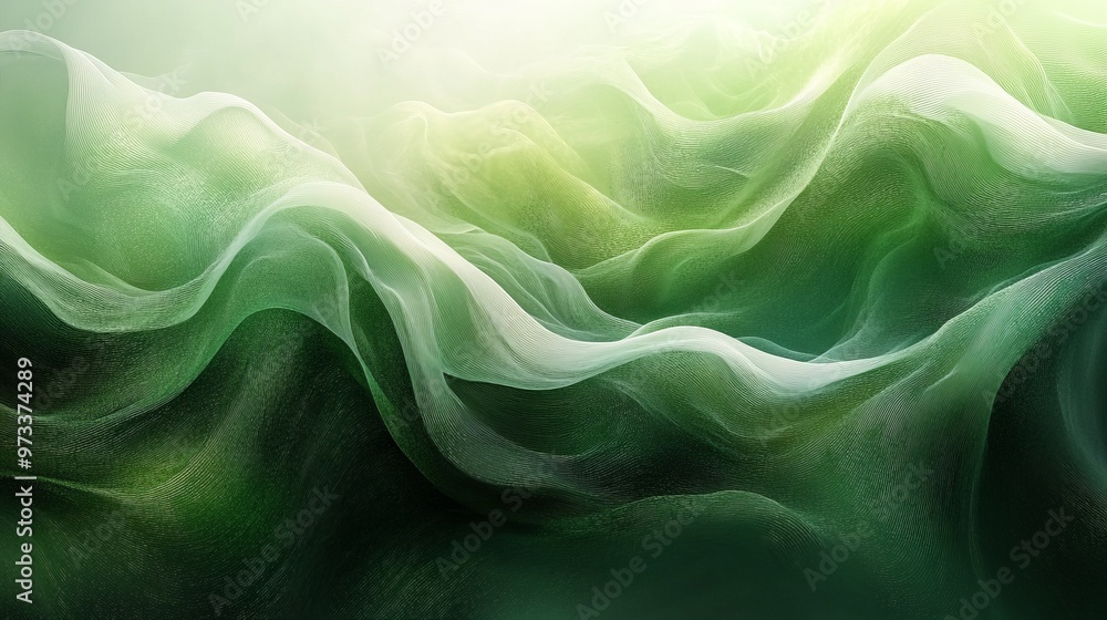 Poster abstract digital art of green flowing waves with a touch of luminance, creating a serene and dynamic