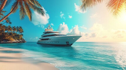 Fototapeta premium A luxurious yacht anchored near a tropical beach with clear blue ocean water, palm trees, and a sunny sky.