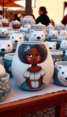 italienische Töpferware mit einem Eisbär Motiv auf einem Markt in Italien