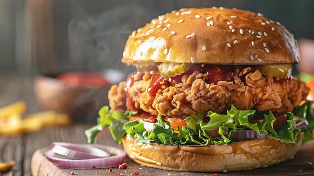 Chicken smash burger on the table moves with smoke around