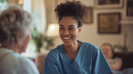 A home health care worker assists an elderly woman in her home