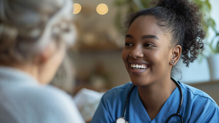 A home health care worker assists an elderly woman in her home