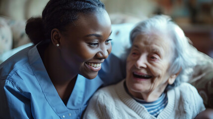 A home health care worker assists an elderly woman in her home